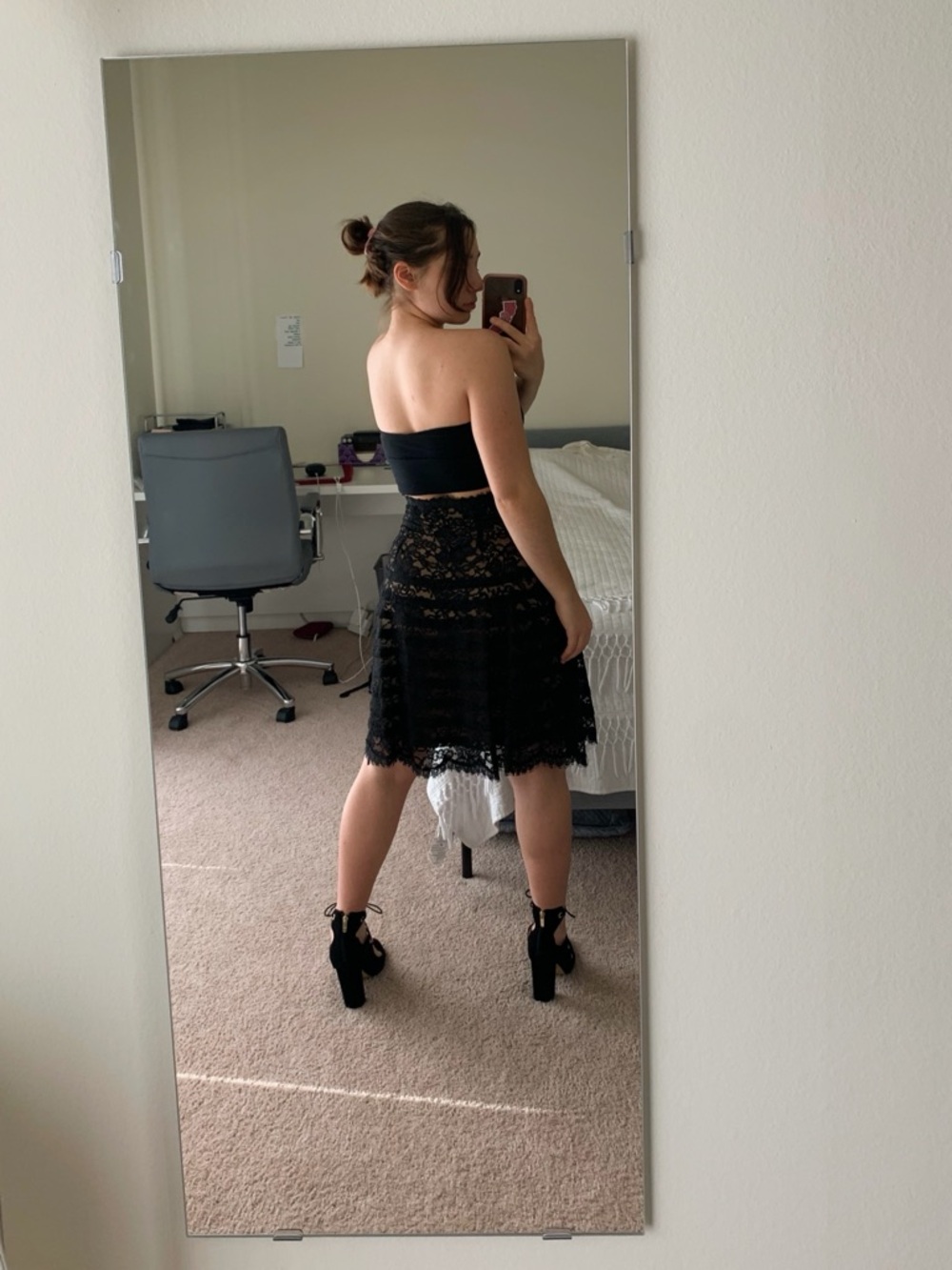 black lace A-line midi skirt
